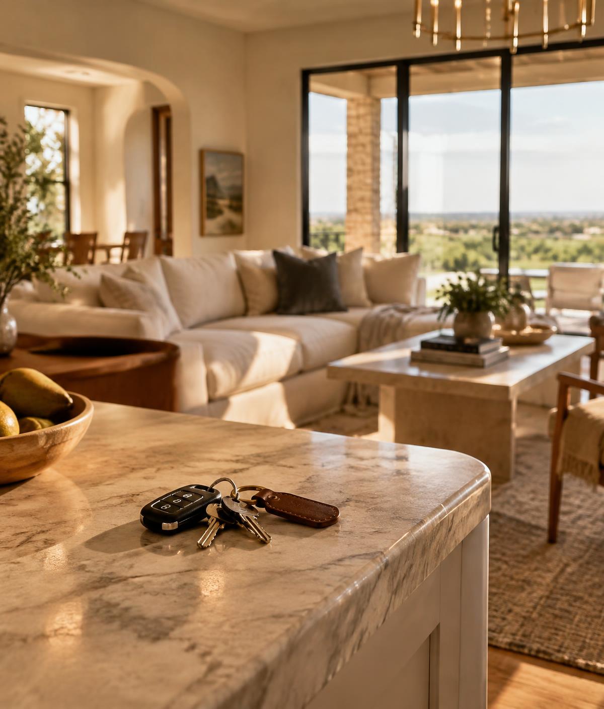 Sunlit living room with keys resting on a marble kitchen island